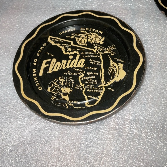 Vtg Florida State Souvenir Map Round Tin Tray Travel Trip Orange Blossom Beaches - Picture 9 of 11